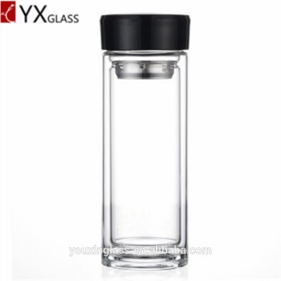 350ml High borosilicate double wall glass water bottle with stainless steel lid and tea filter glass tea mugs with infuser